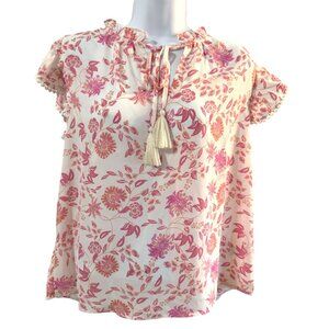 VOY Floral NWT Tassel Tie Neck Ruffle Sleeve Blouse Womens Size S Pink White